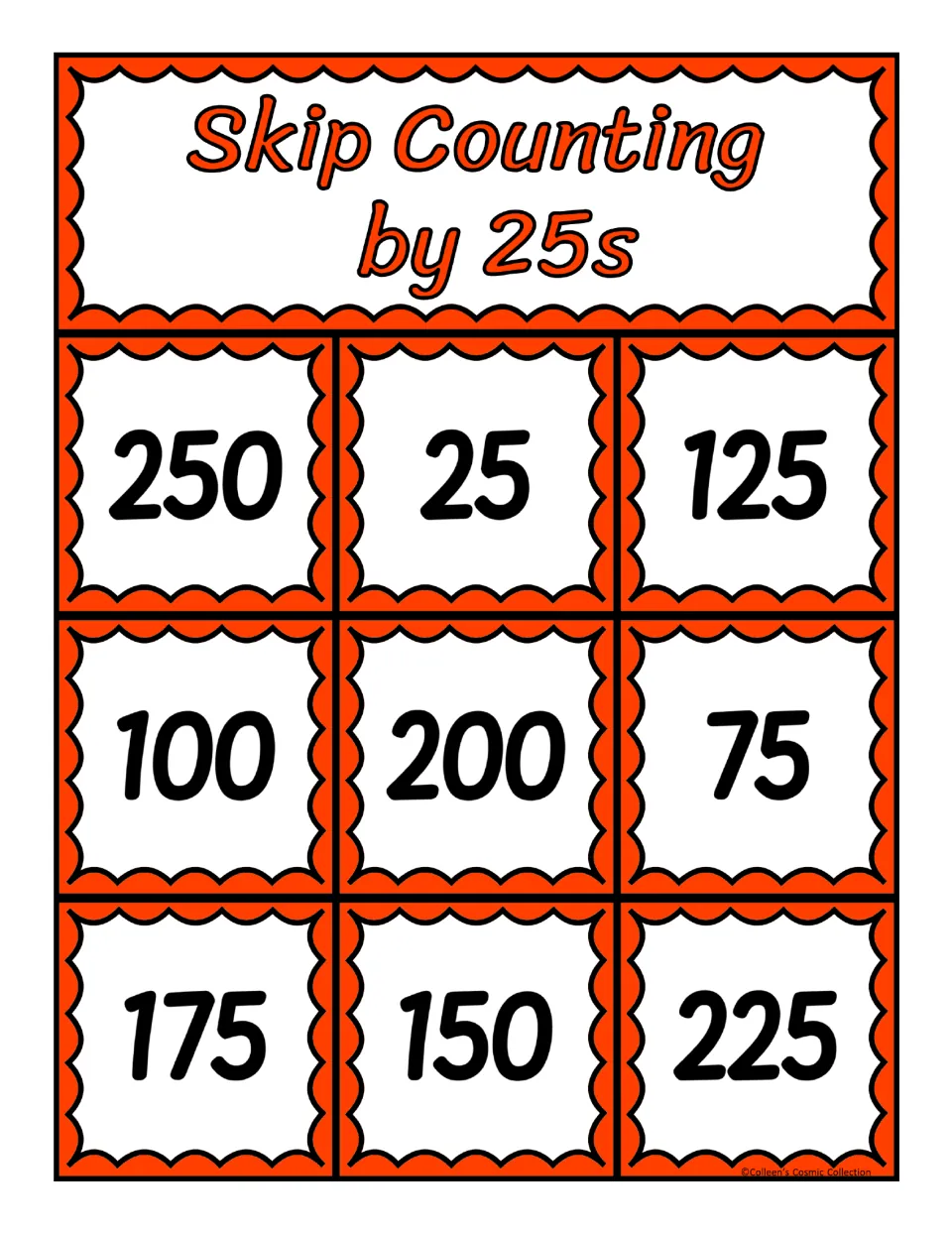 Fifth bingo board for counting by 25s, featuring the numbers 250, 25, 125, 100, 200, 75, 175, 150, and 225