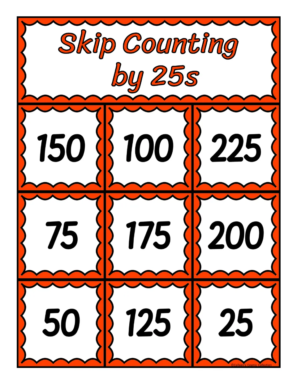 First of five bingo boards for skip counting by 25s shows 150, 100, 225, 75, 175, 200, 50, 125, and 25.