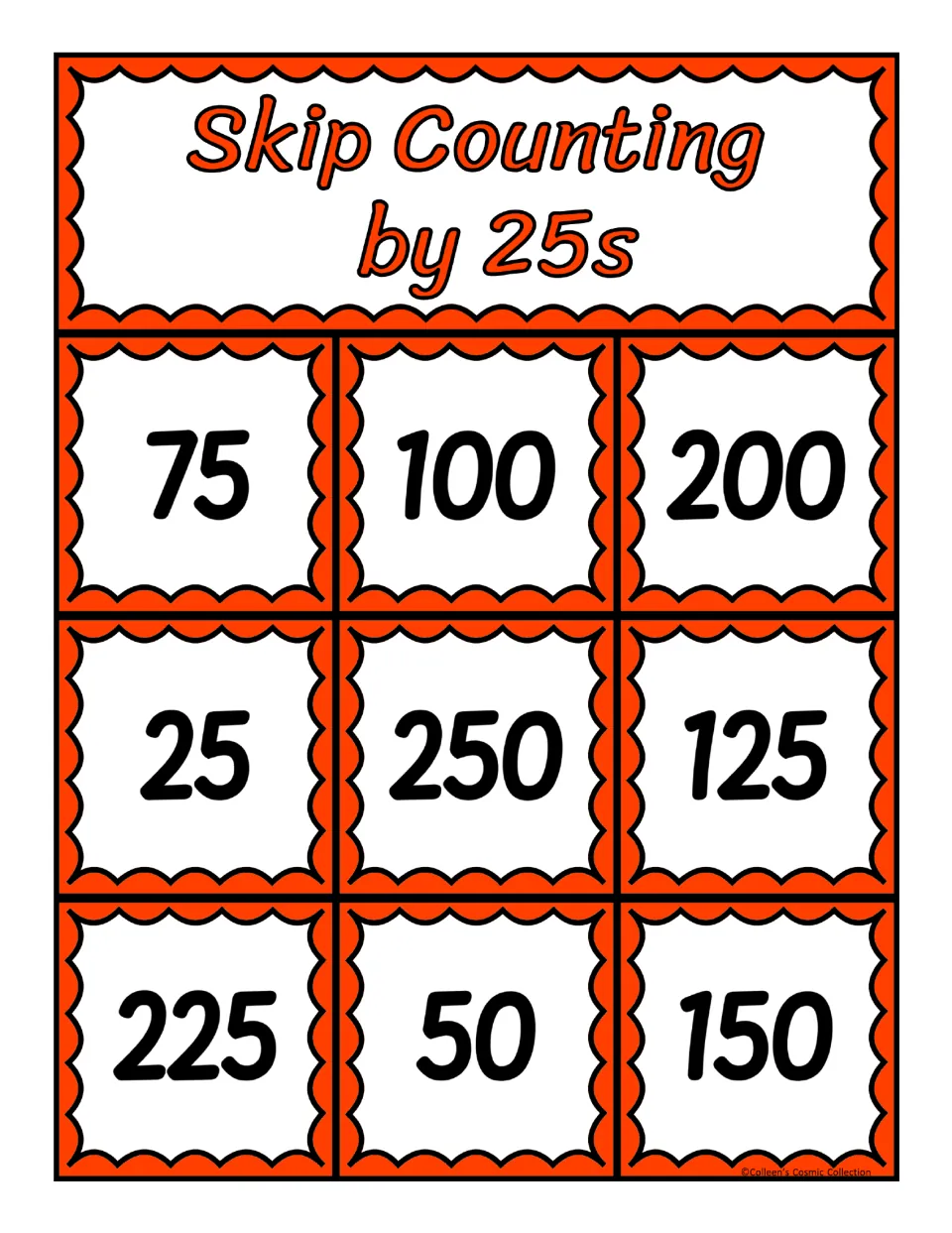 Second of five bingo boards for skip counting by 25s shows 75, 100, 200, 25, 250, 125, 225, 50, and 150.
