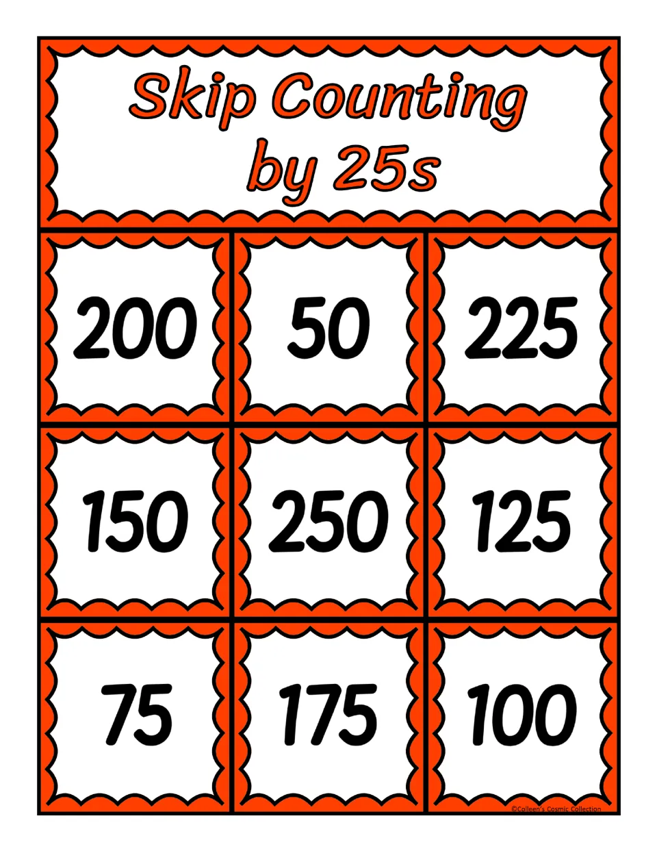 Third of five bingo boards for skip counting by 25s shows 200, 50, 225, 150, 250, 125, 75, 175, and 100.