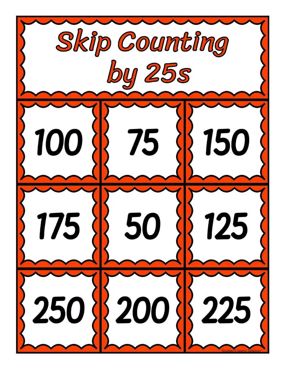 Fourth of five bingo boards for skip counting by 25s shows 100, 75, 150, 175, 50, 125, 250, 200, and 225.