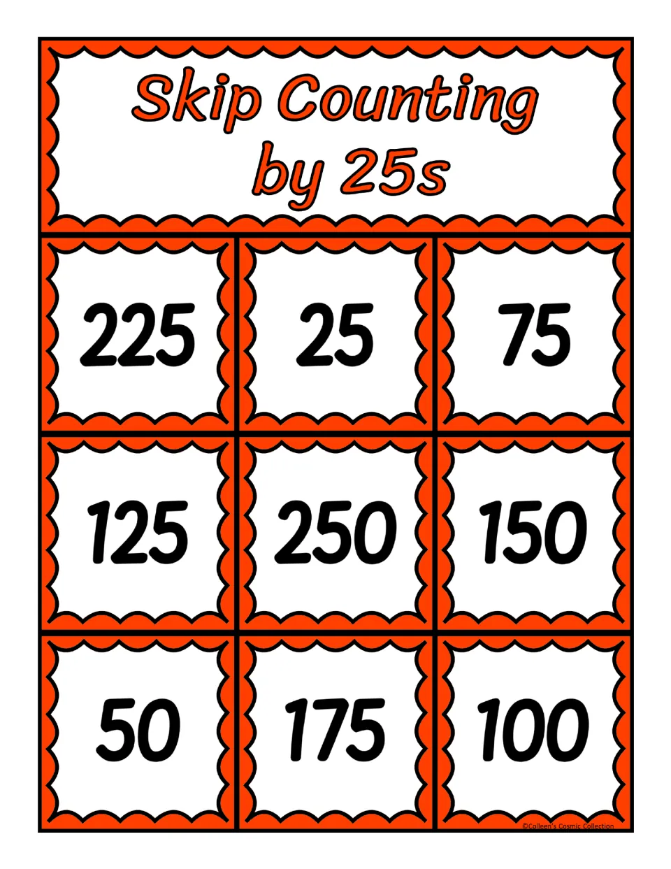 Fifth of five bingo boards for skip counting by 25s shows 225, 25, 75, 125, 250, 150, 50, 175, and 100.