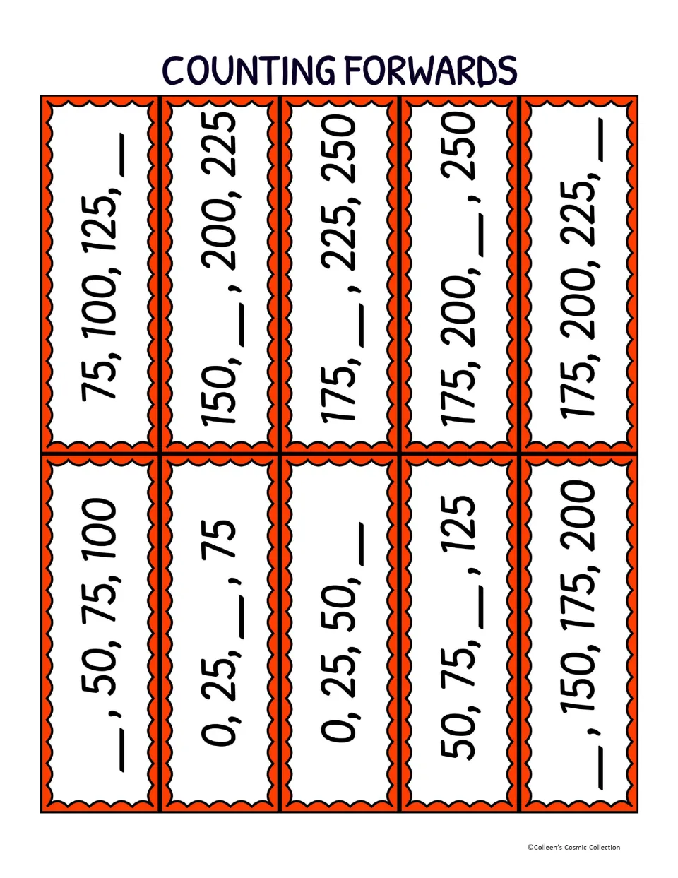 Ten bingo calling cards for counting forward by 25s, each missing a number, including 0, 25, blank, 75.