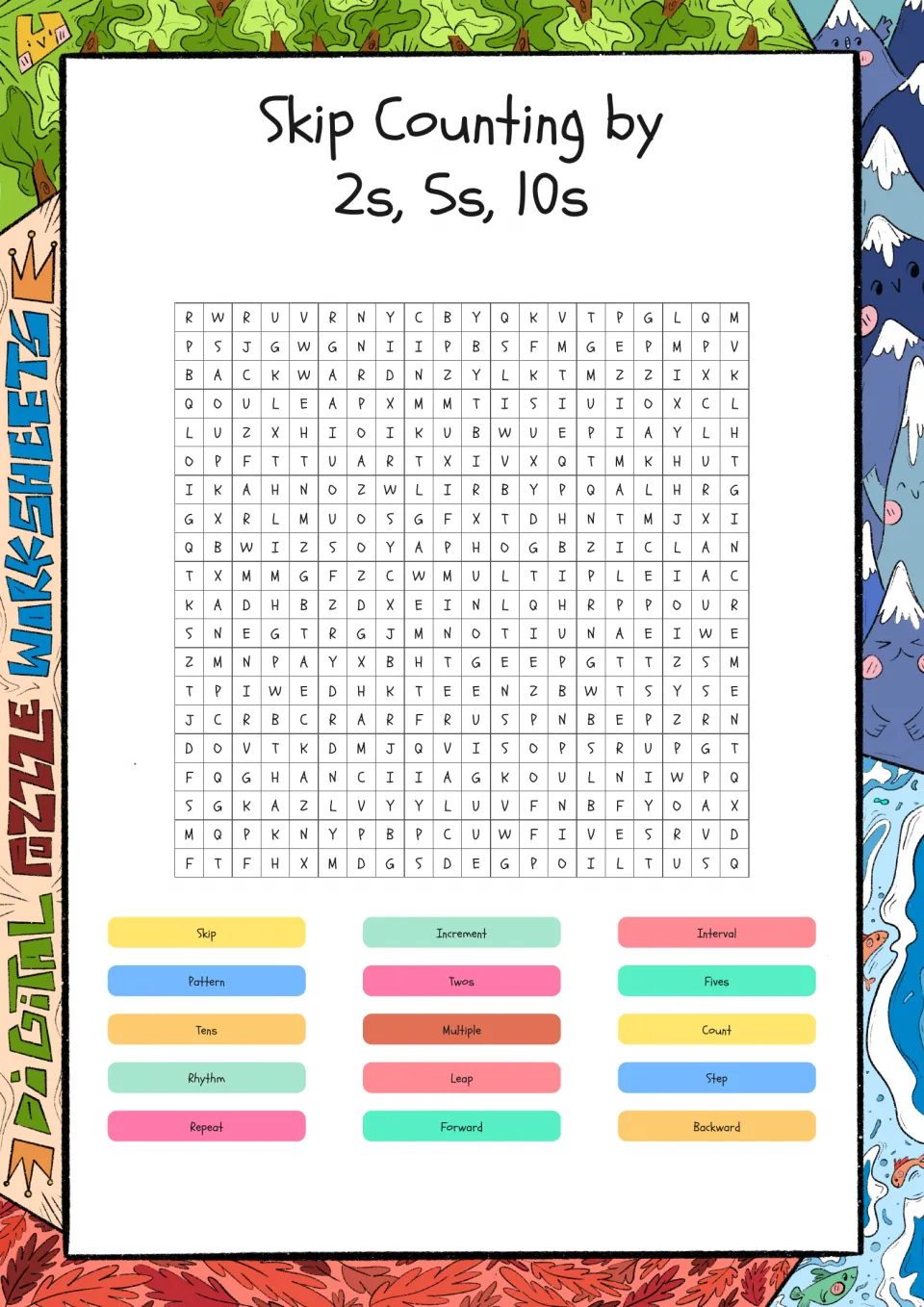 Skip counting word search: students find 15 words such as twos, fives, tens, multiple and interval