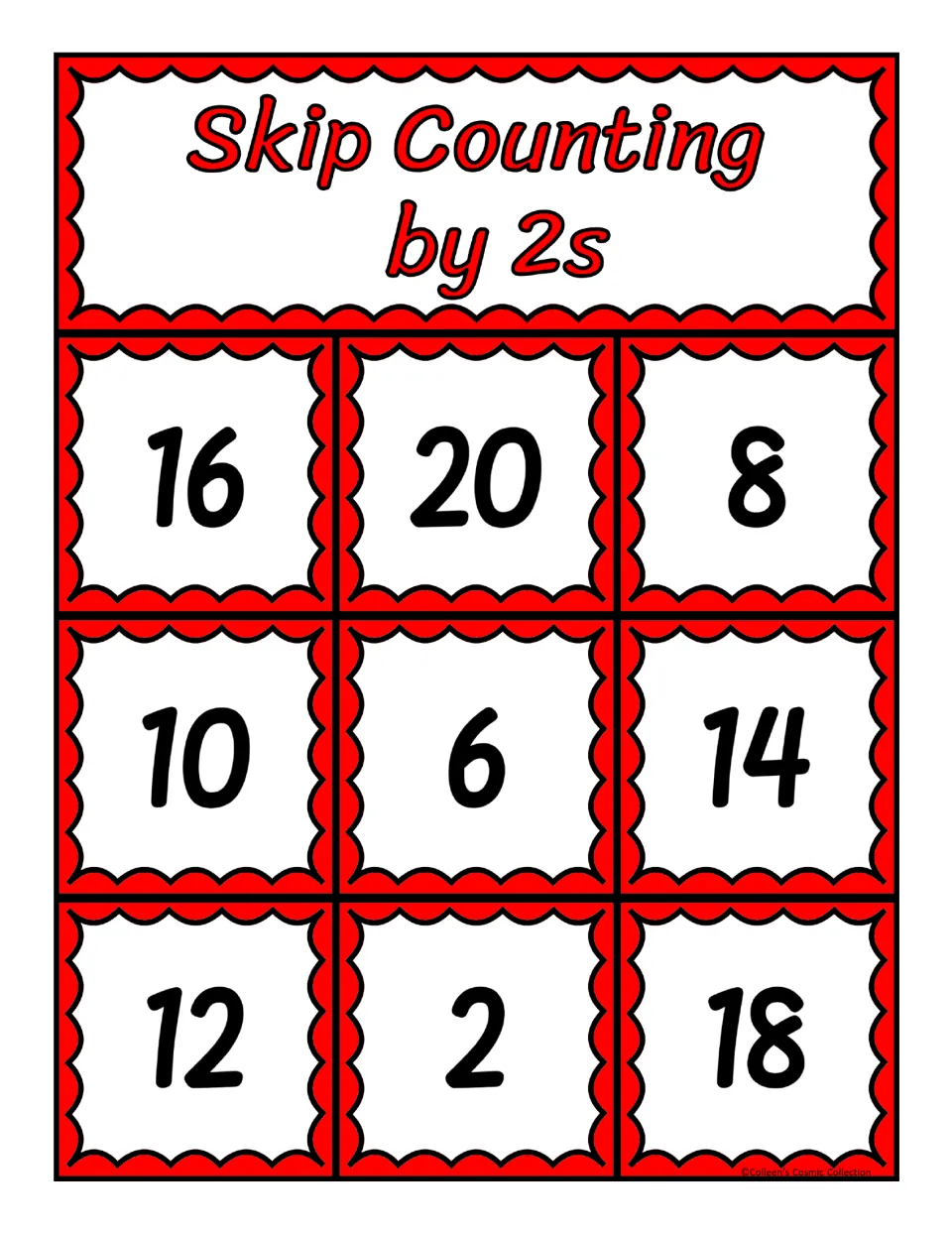 First bingo board for counting by 2s, featuring the numbers 16, 20, 8, 10, 6, 14, 12, 2, and 18 to cover