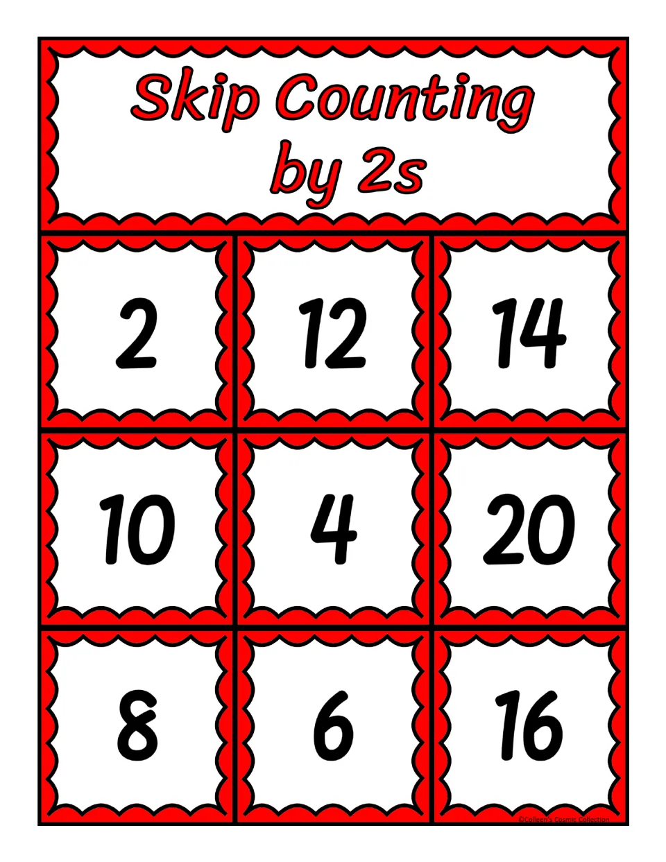 Second bingo board for counting by 2s, featuring the numbers 2, 12, 14, 10, 4, 20, 8, 6, and 16 to cover
