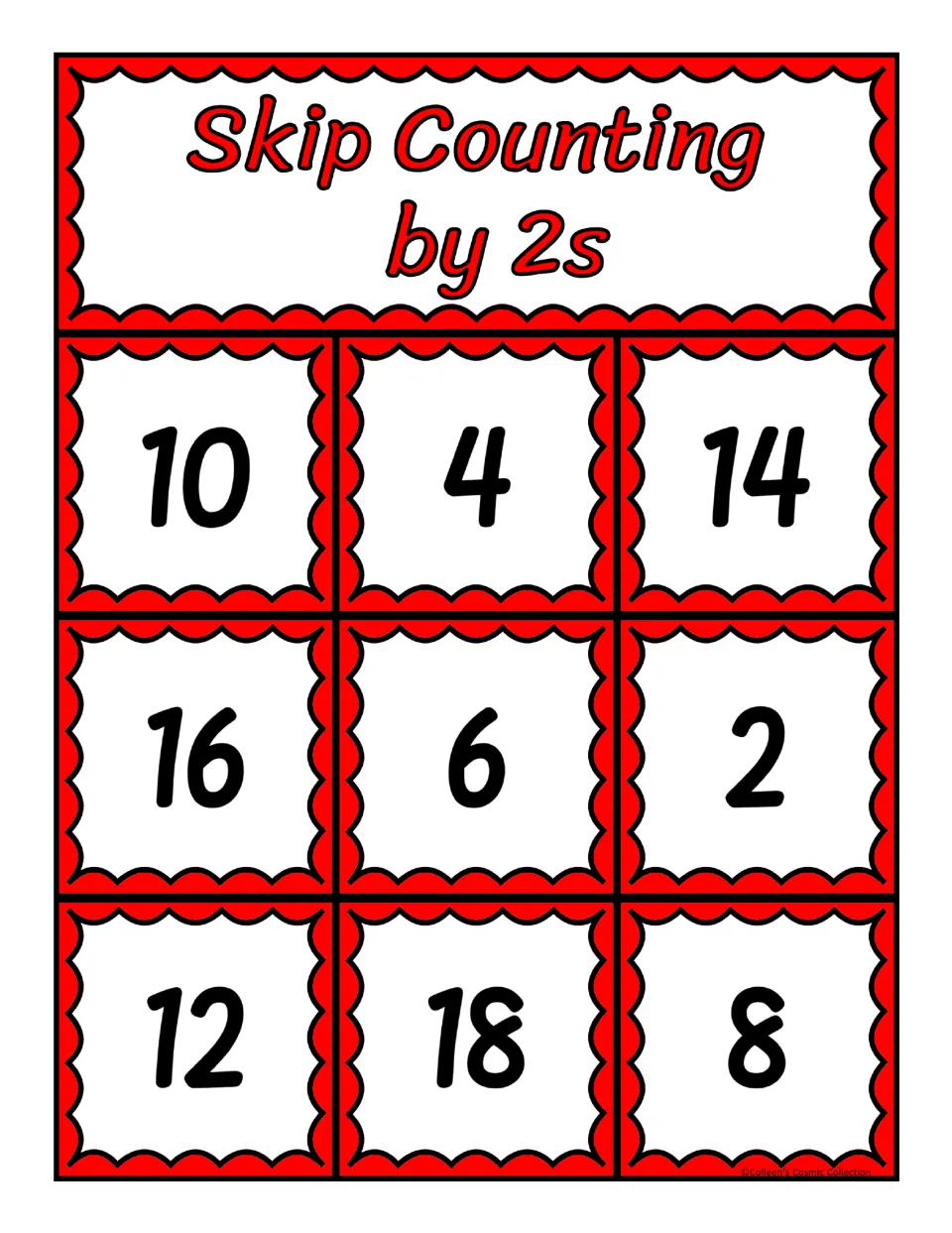 Third bingo board for counting by 2s, featuring the numbers 10, 4, 14, 16, 6, 2, 12, 18, and 8 to cover