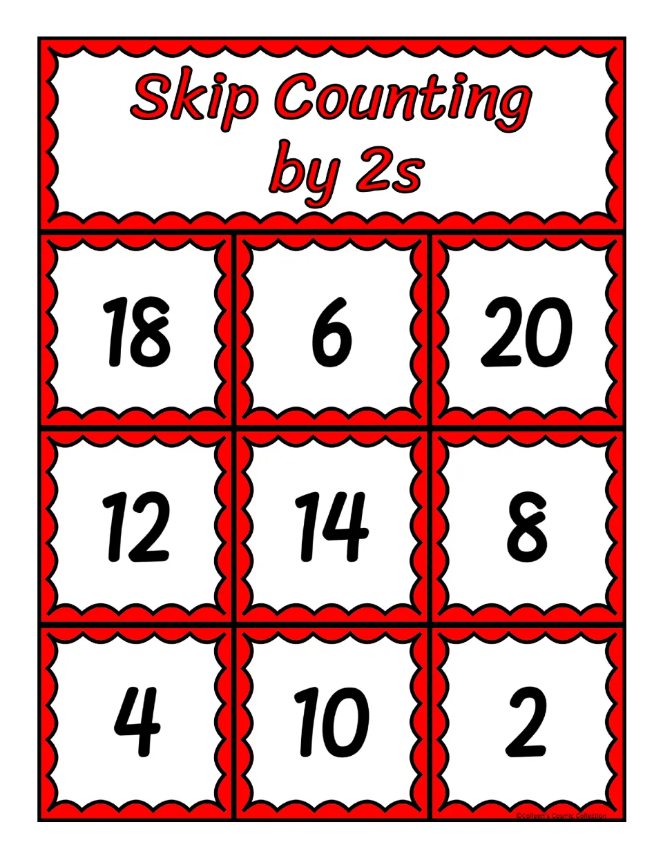 Fourth bingo board for counting by 2s, featuring the numbers 18, 6, 20, 12, 14, 8, 4, 10, and 2 to cover