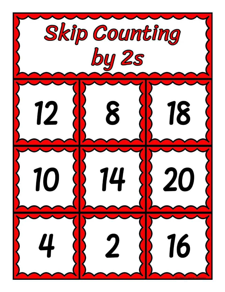 Fifth bingo board for counting by 2s, featuring the numbers 12, 8, 18, 10, 14, 20, 4, 2, and 16 to cover