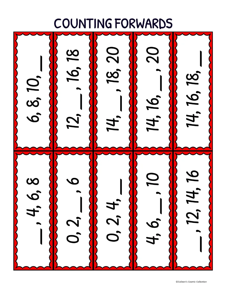 Ten bingo calling cards for counting forward by 2s, each missing a number, including 6, 8, 10, blank