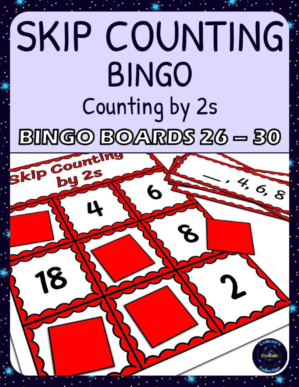 Skip Counting Bingo cover, Counting by 2s, Bingo Boards 26-30, showing a red board with even numbers and calling cards