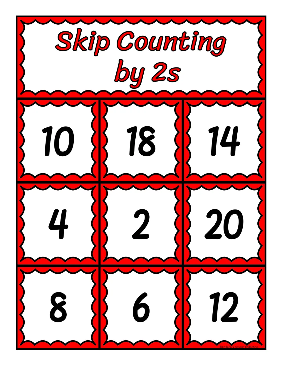 Counting by 2s bingo board: students cover 10, 18, 14, 4, 2, 20, 8, 6 and 12 as matching calling cards are drawn