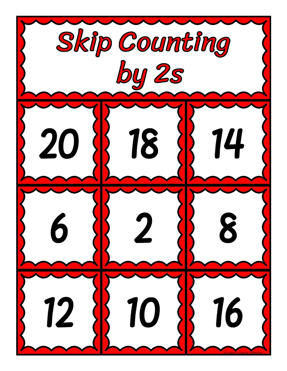Even-number bingo board for counting by 2s: students mark 20, 18, 14, 6, 2, 8, 12, 10 and 16 to get three in a row