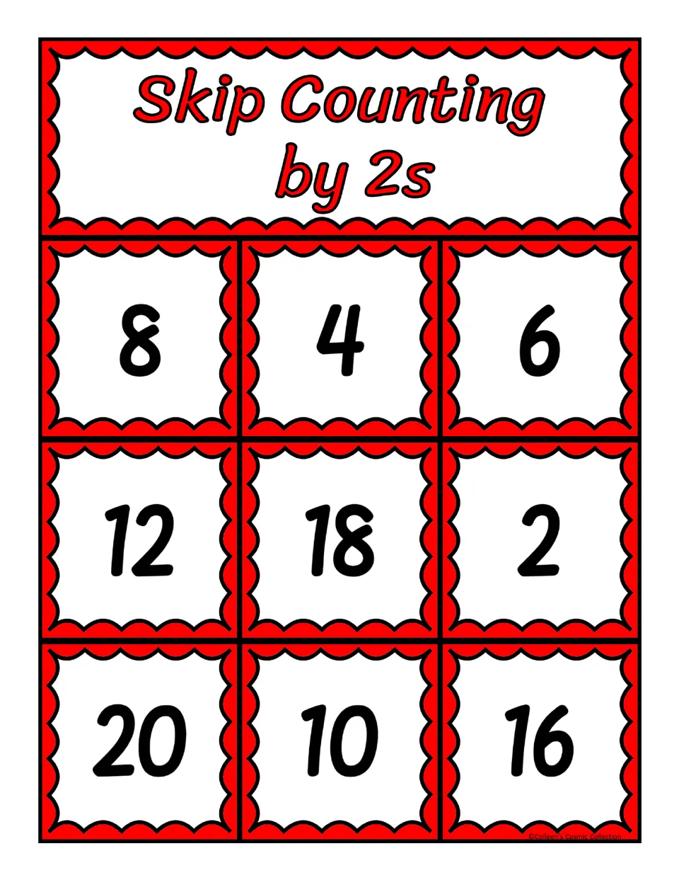 Skip-by-2s bingo board with 8, 4, 6, 12, 18, 2, 20, 10 and 16: students cover the number that completes each card