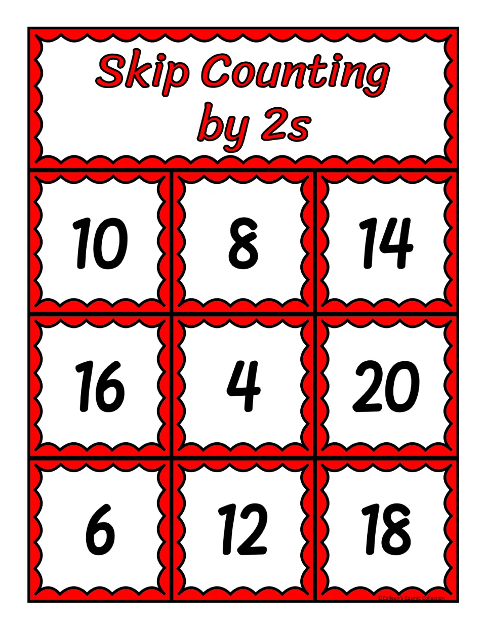 Bingo board for skip counting by twos: players find 10, 8, 14, 16, 4, 20, 6, 12 or 18 to cover the missing number