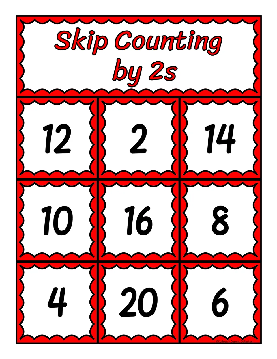 Counting-by-2s game board holding 12, 2, 14, 10, 16, 8, 4, 20 and 6: students cover matches and call BINGO on a row