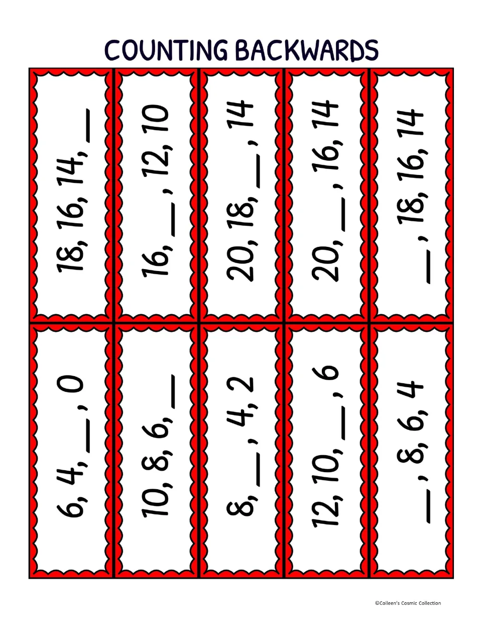 Counting backwards calling cards: ten descending by-2s sequences such as 18, 16, 14, __ with one number left blank