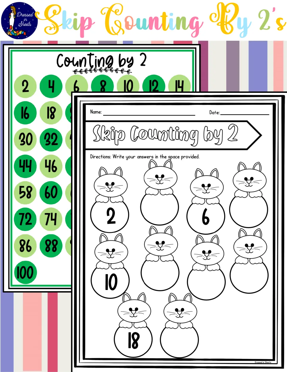 Cover for skip counting by 2s showing a green Counting by 2 chart to 100 and a cat worksheet with missing numbers
