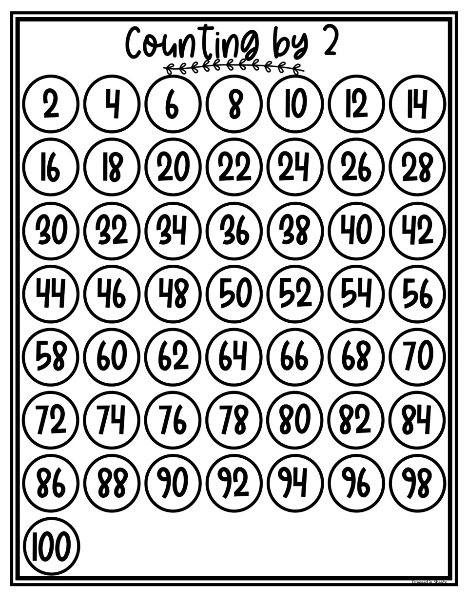 Counting by 2 chart in black and white: the sequence 2 to 100 in outlined circles, a printer-friendly copy