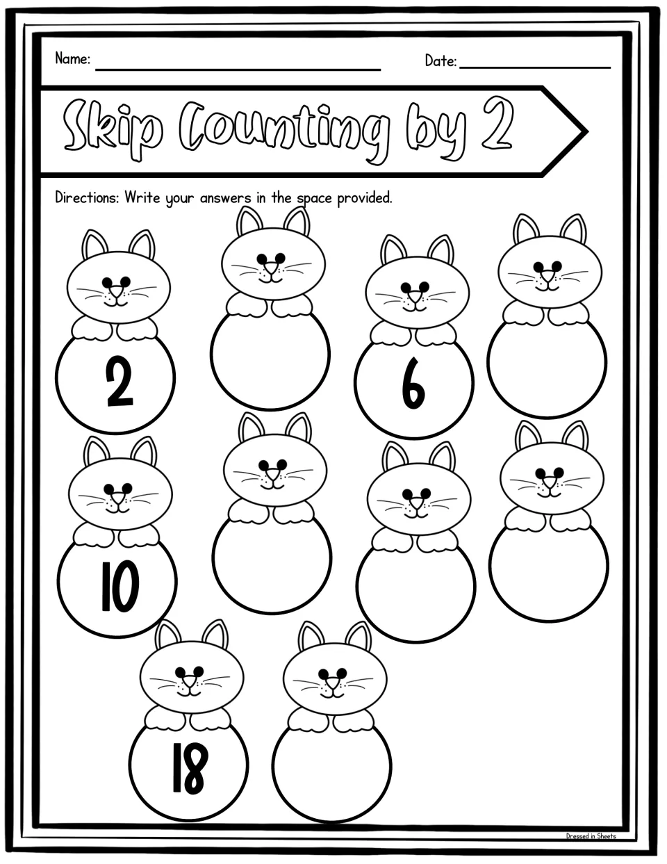 Skip counting by 2 cats: students fill in missing numbers on 10 cat bellies from 2 to 20, with 2, 6, 10 and 18 given