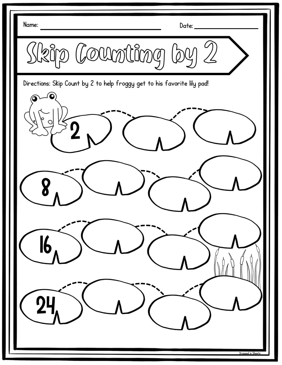 Skip count by 2 frog path: students write missing numbers on 15 lily pads from 2 to 30, with 2, 8, 16 and 24 given