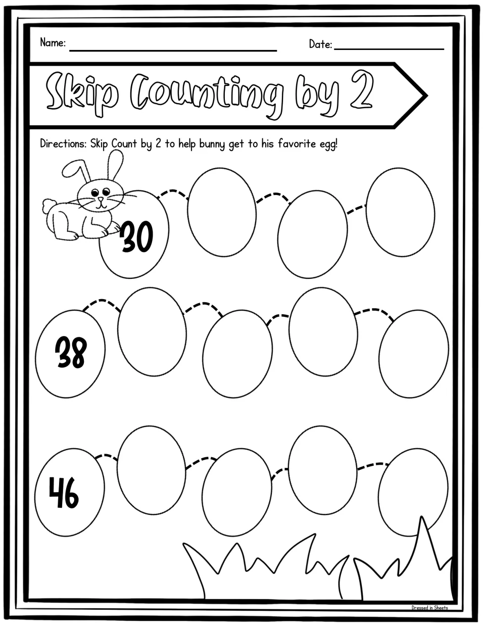 Skip count by 2 bunny path: students fill in the missing numbers on 14 eggs counting on from 30, with 38 and 46 given