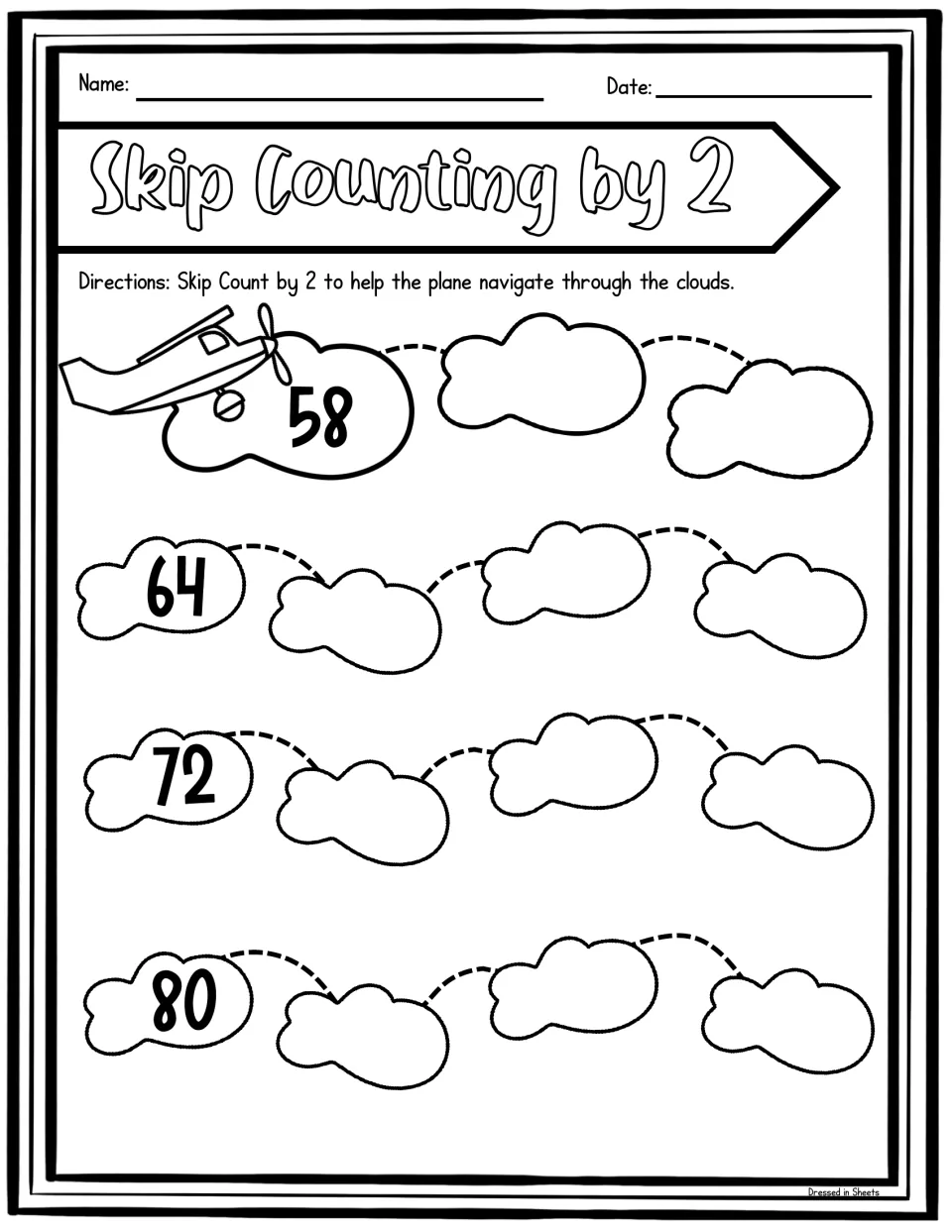 Skip count by 2 plane path: students fill in clouds from 58 to 86, with 58, 64, 72 and 80 given as row starters