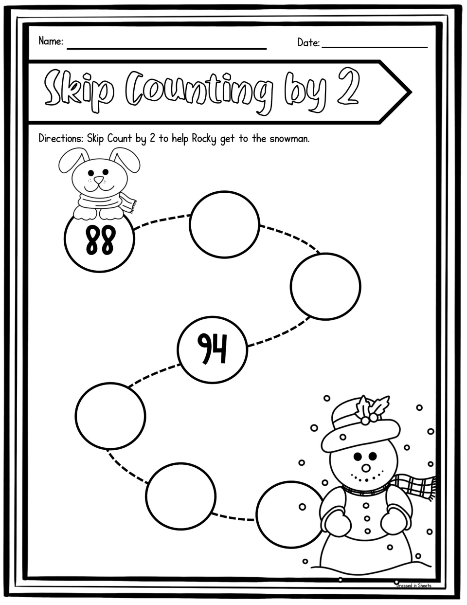 Skip count by 2 snowman path: students help Rocky reach the snowman by filling 7 circles from 88 to 100; 94 given
