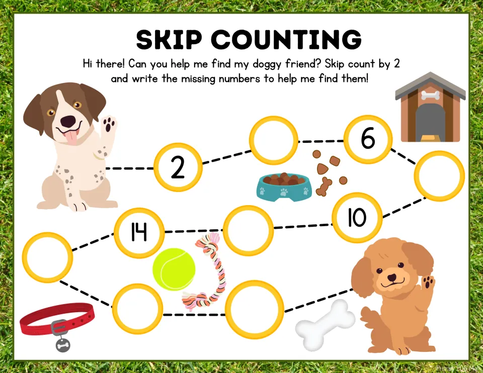 Skip counting by 2 dog path: students fill in missing numbers between given 2, 6, 10 and 14 to reach the puppy's friend