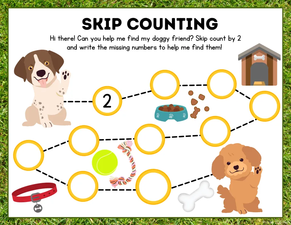 Skip counting by 2 dog path: starting from 2, students write every following number to 20 to lead the puppy to its friend
