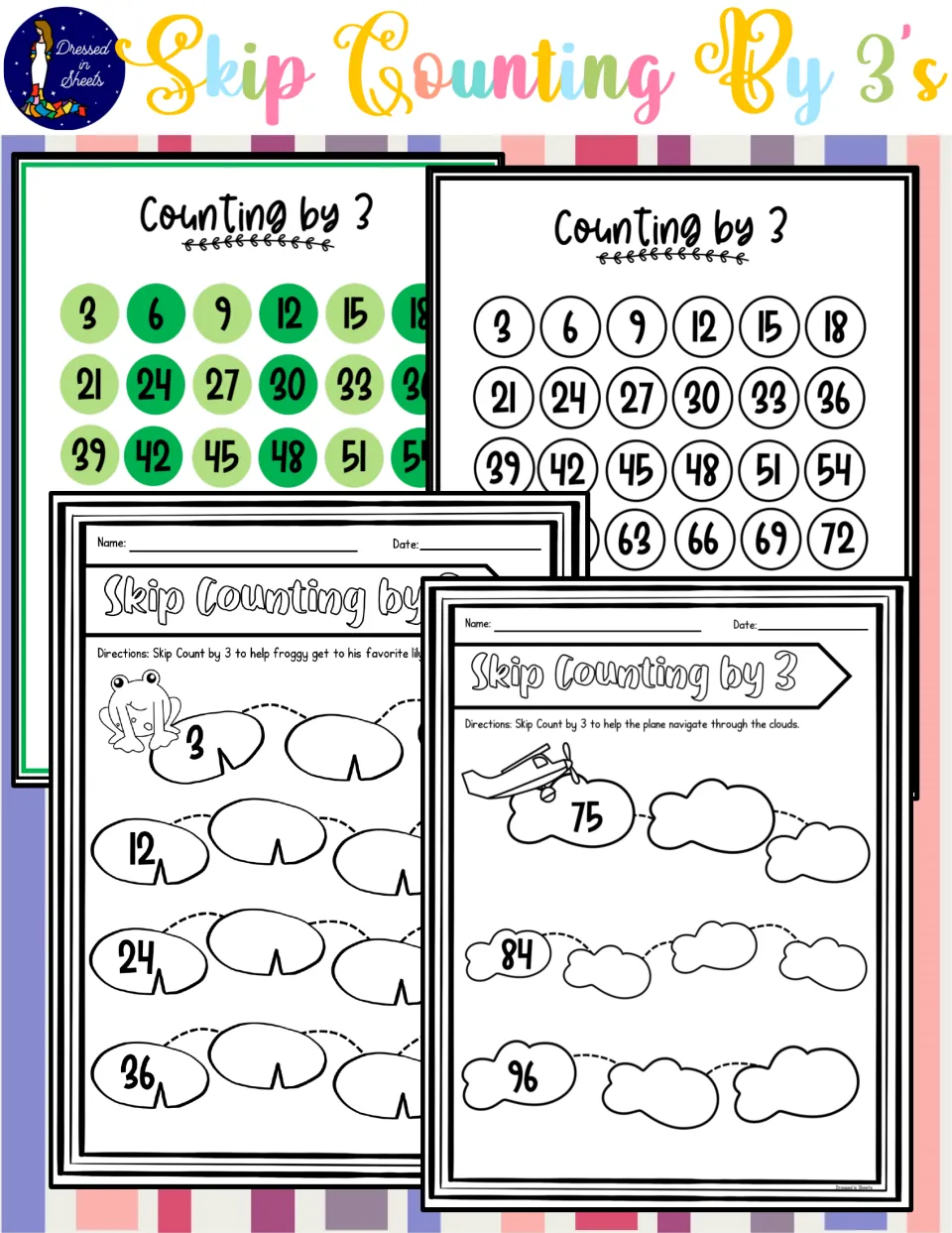 Skip Counting By 3's cover: green and plain counting-by-3 charts plus frog lily pad and plane cloud skip-count pages