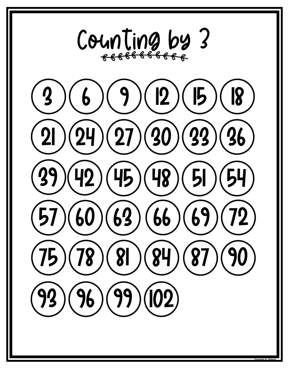 Printer-friendly Counting by 3 chart: multiples of 3 from 3 to 102 in outlined circles for choral counting practice