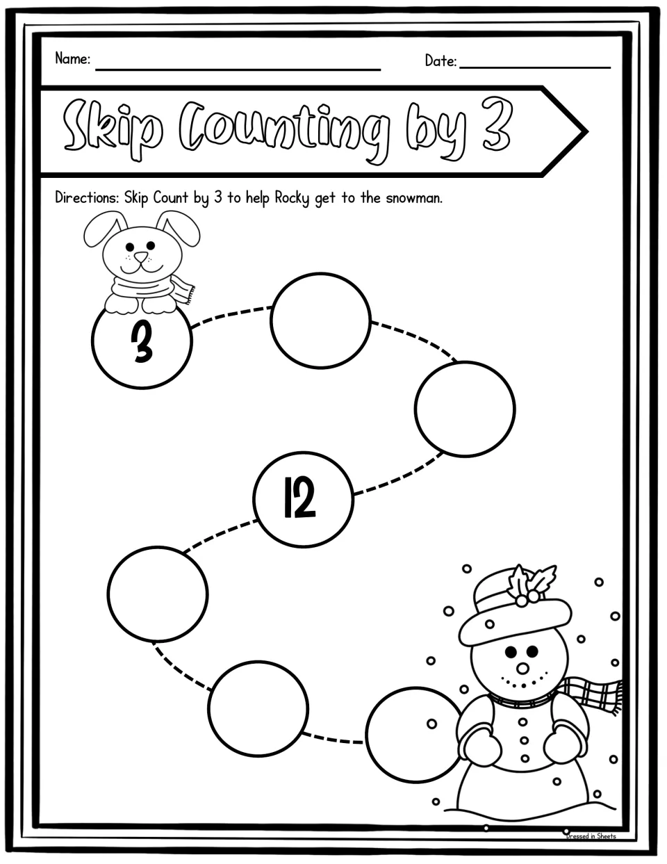 Skip counting by 3 path: students fill empty circles from 3 to 21, with 12 given, to lead Rocky to the snowman
