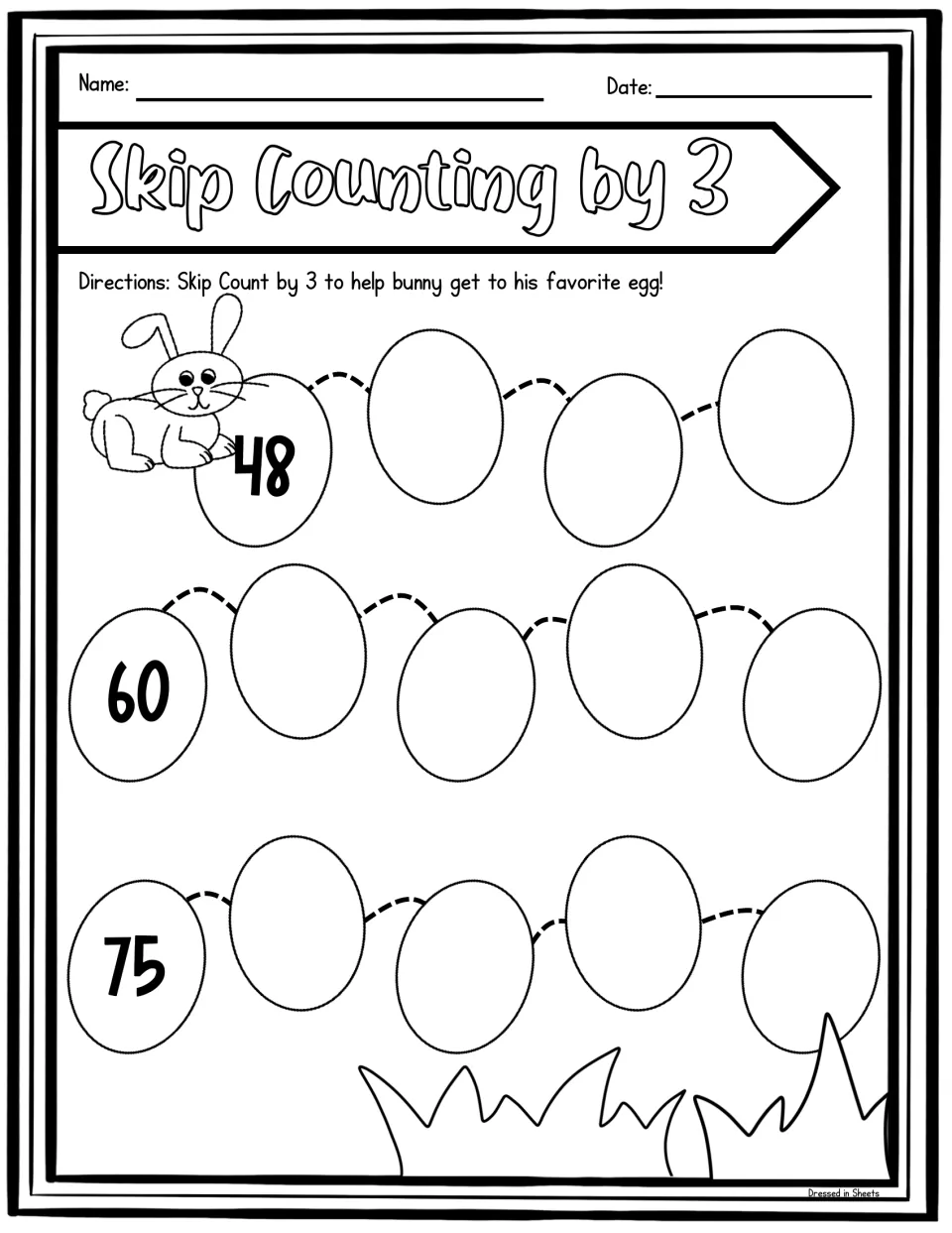 Bunny egg path: students skip count by 3 from 48 to 87 across three rows of eggs, with 48, 60 and 75 as starting numbers