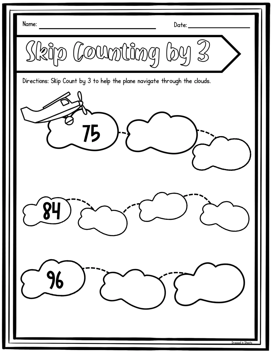 Airplane cloud path: students skip count by 3 from 75 to 102 across three rows of clouds, starting at 75, 84 and 96