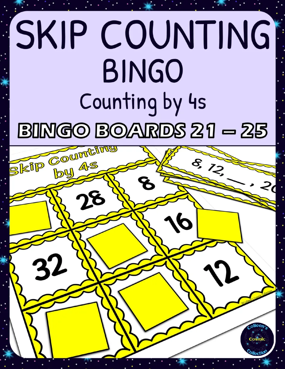 Skip Counting by 4s Bingo - Boards 21–25 cover showing a sample board and a missing-number calling card