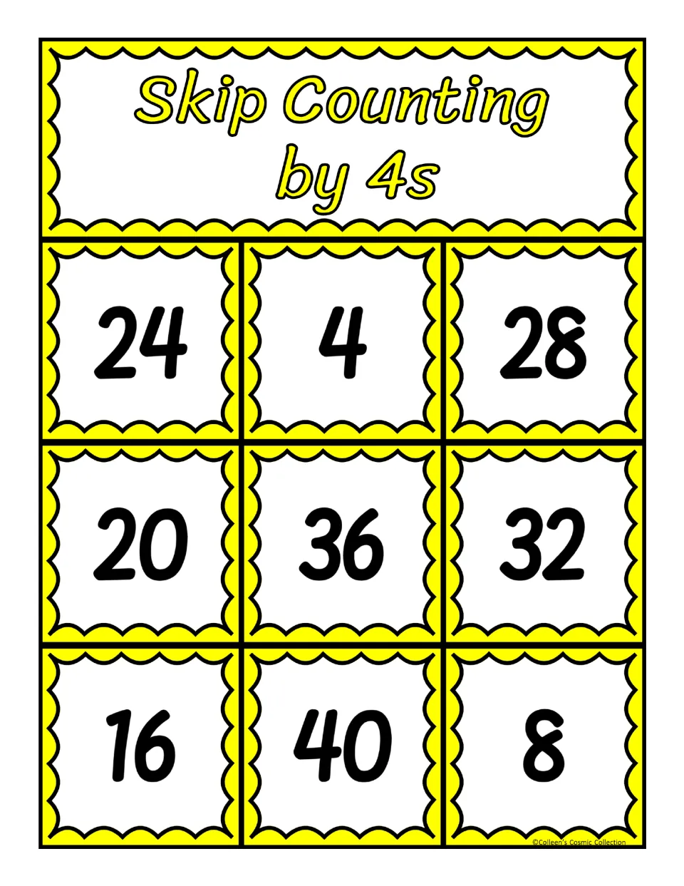 First bingo board for counting by 4s, with numbers 24, 4, 28, 20, 36, 32, 16, 40, and 8 to match calling cards