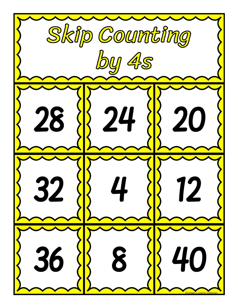 Second bingo board for counting by 4s, with numbers 28, 24, 20, 32, 4, 12, 36, 8, and 40 to match calling cards