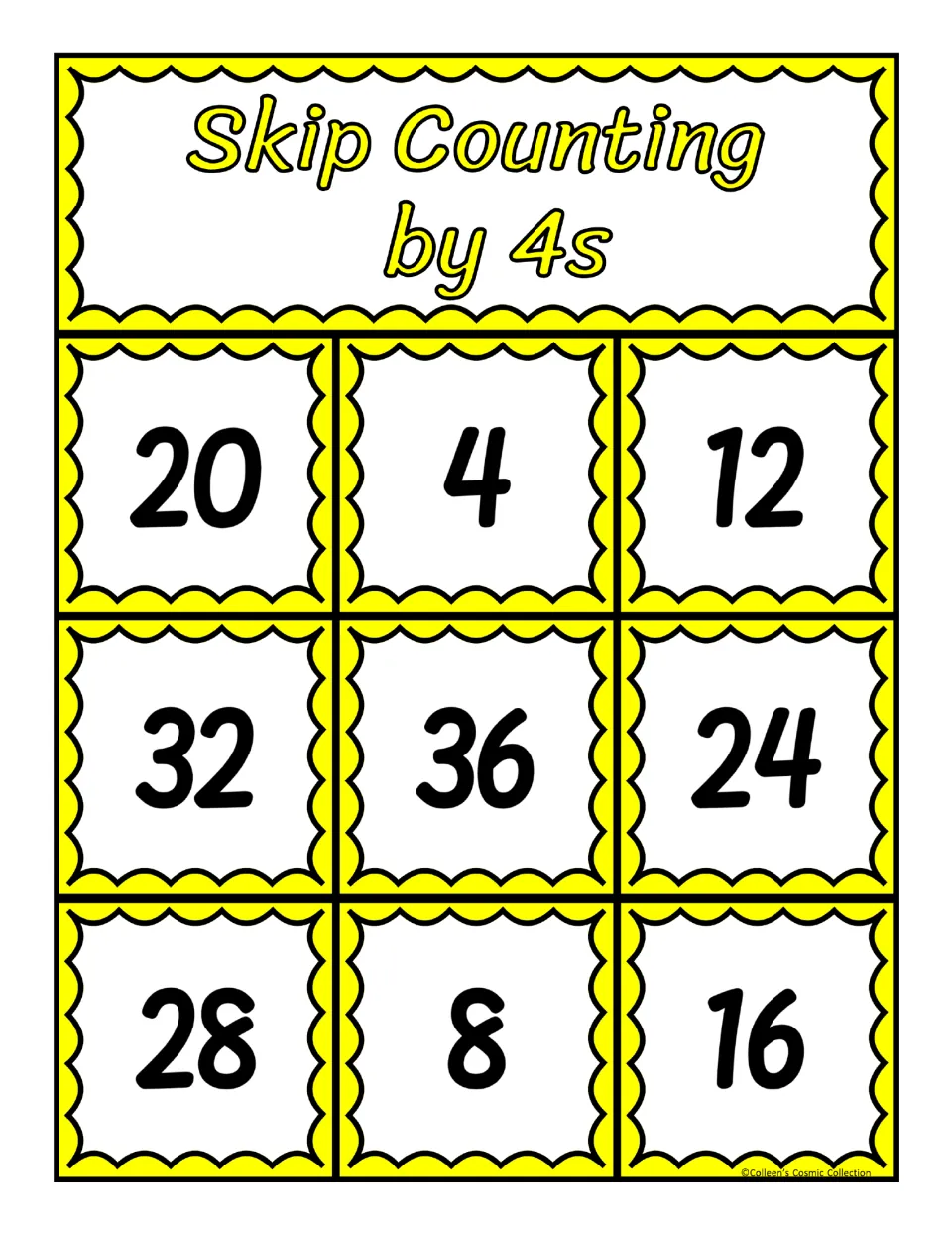 Third bingo board for counting by 4s, with numbers 20, 4, 12, 32, 36, 24, 28, 8, and 16 to match calling cards