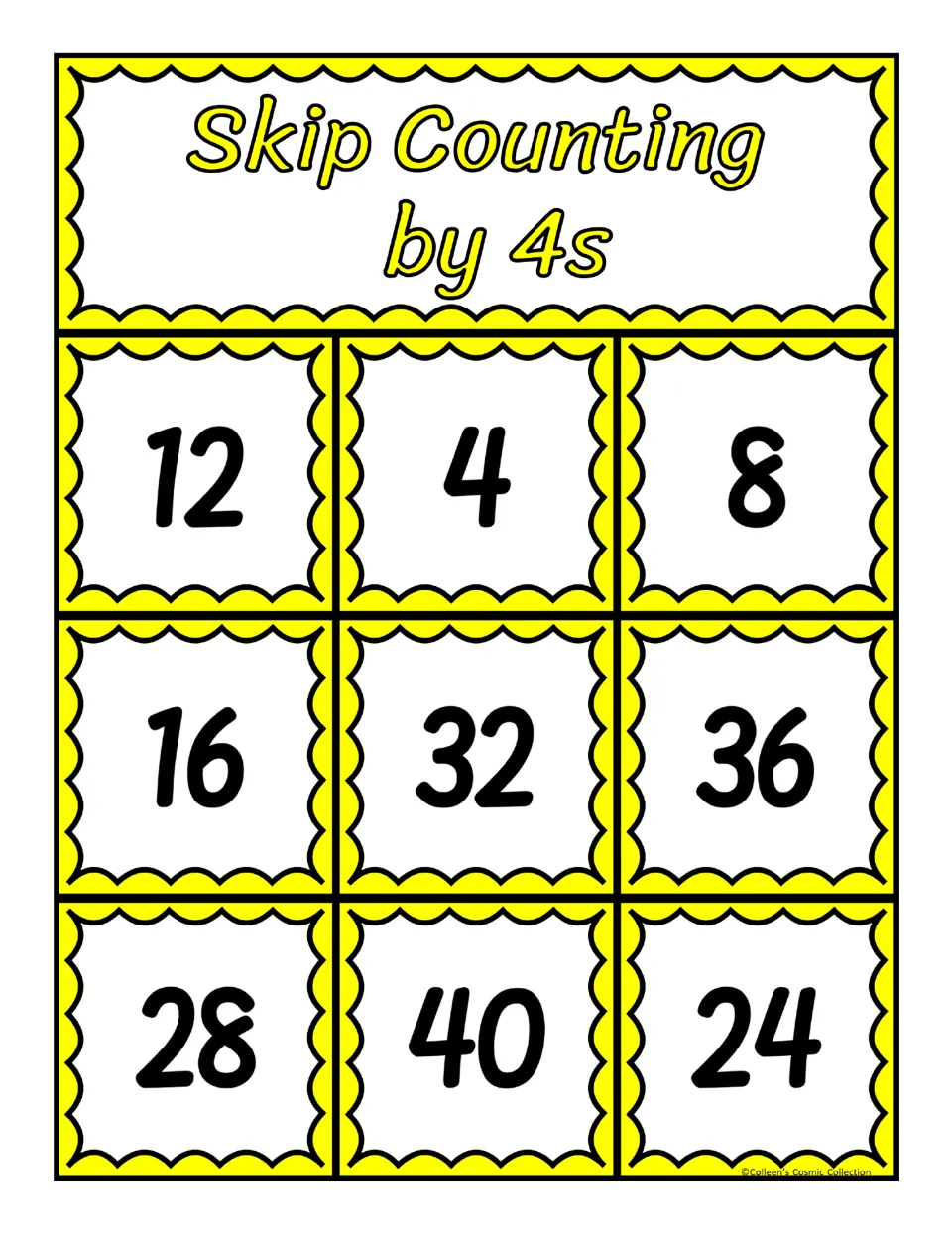 Fourth bingo board for counting by 4s, with numbers 12, 4, 8, 16, 32, 36, 28, 40, and 24 to match calling cards