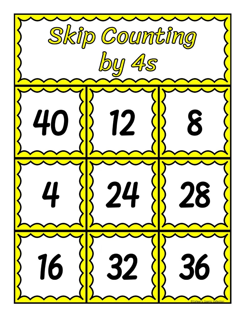 Fifth bingo board for counting by 4s, with numbers 40, 12, 8, 4, 24, 28, 16, 32, and 36 to match calling cards