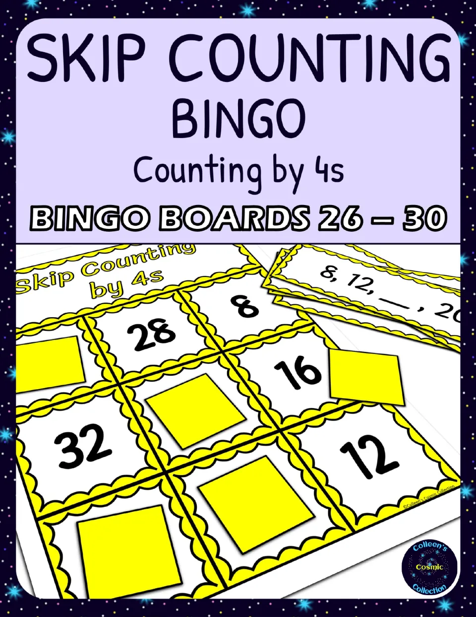 Cover of Skip Counting by 4s Bingo - Boards 26-30, showing a bingo board and a missing-number calling card