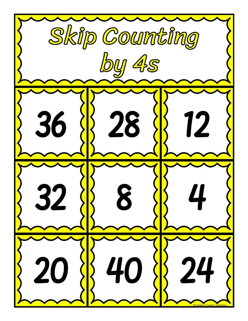 First bingo board for counting by 4s, featuring the numbers 36, 28, 12, 32, 8, 4, 20, 40, and 24