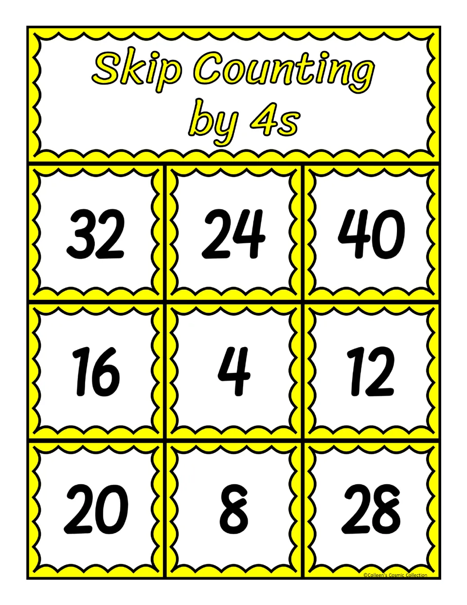 Second bingo board for counting by 4s, featuring the numbers 32, 24, 40, 16, 4, 12, 20, 8, and 28