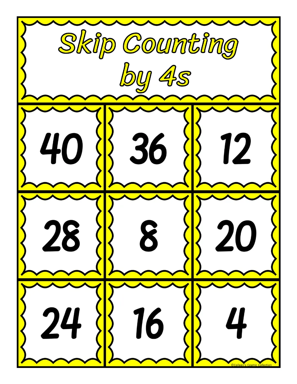 Third bingo board for counting by 4s, featuring the numbers 40, 36, 12, 28, 8, 20, 24, 16, and 4