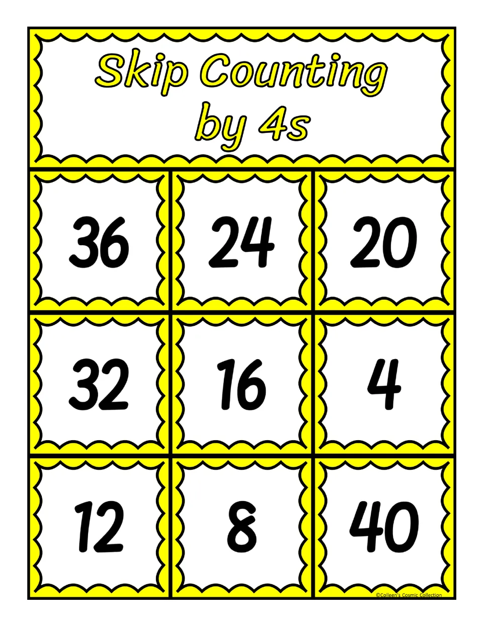 Fourth bingo board for counting by 4s, featuring the numbers 36, 24, 20, 32, 16, 4, 12, 8, and 40