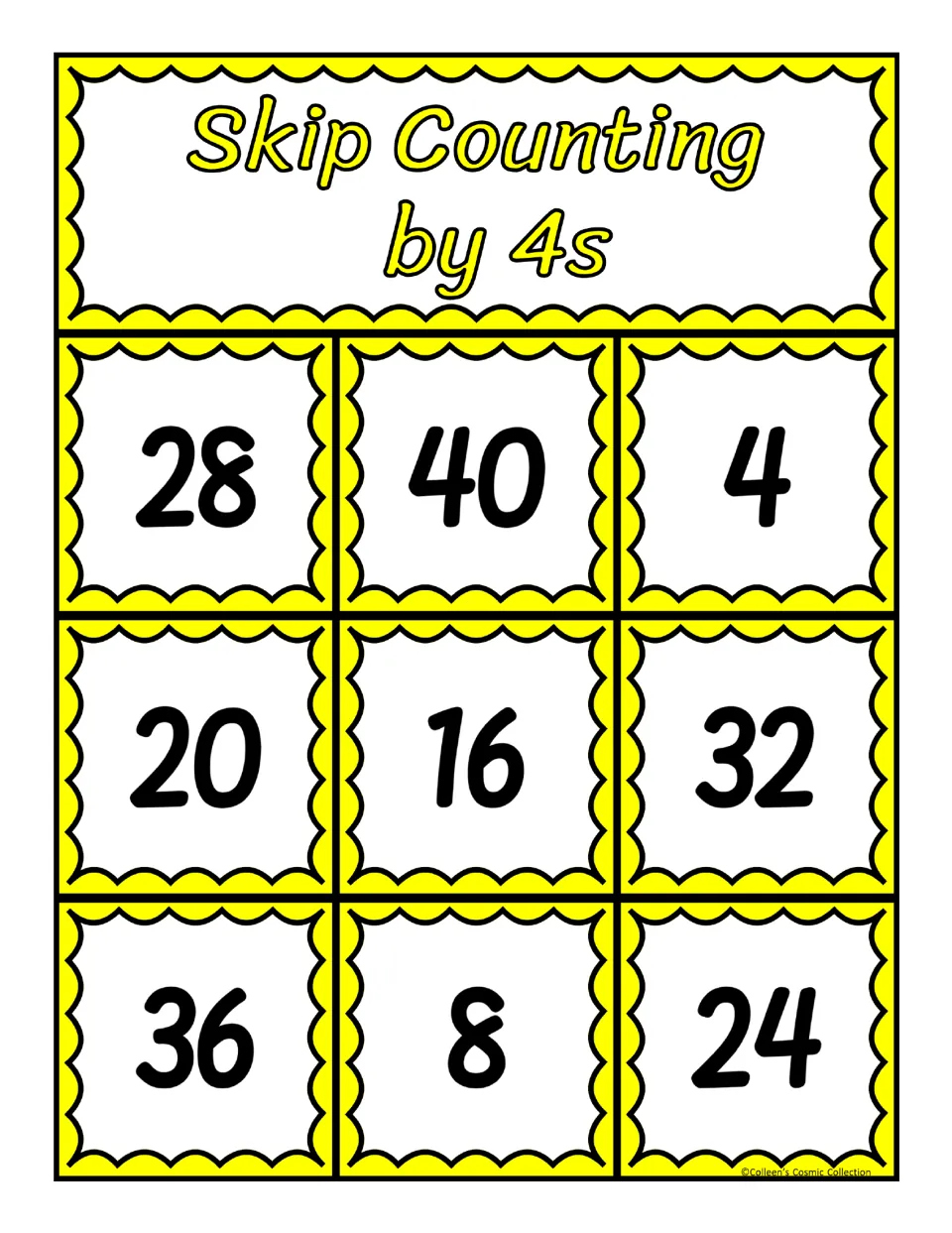 Fifth bingo board for counting by 4s, featuring the numbers 28, 40, 4, 20, 16, 32, 36, 8, and 24