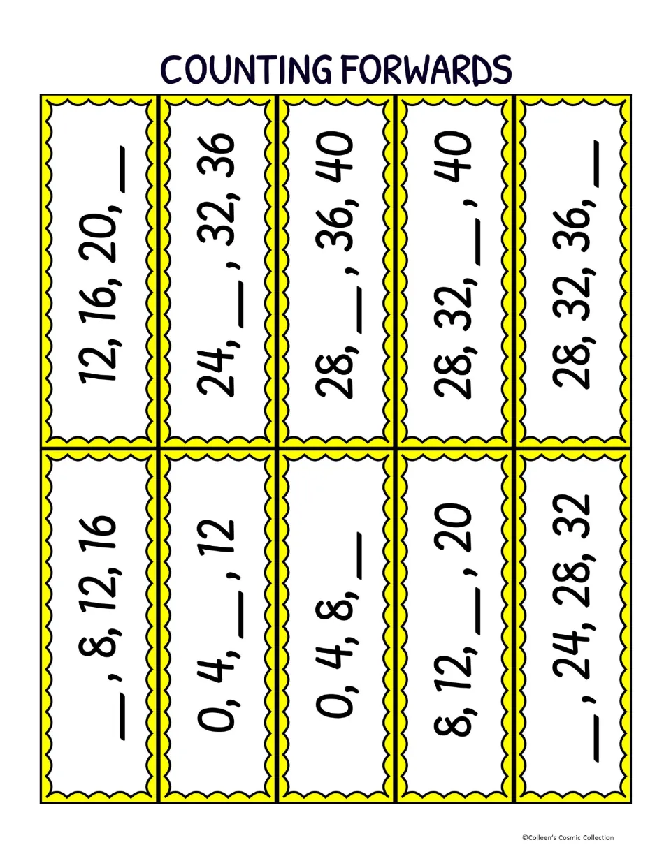 Ten bingo calling cards for counting forward by 4s, with missing numbers in sequences such as 0, 4, __, 12