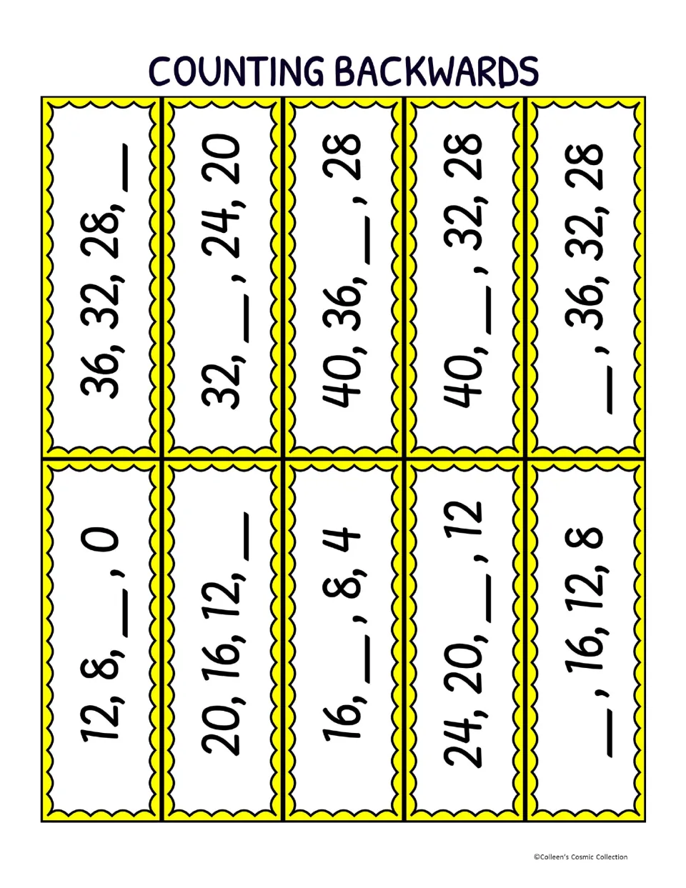 Ten bingo calling cards for counting backward by 4s, with missing numbers in sequences such as 12, 8, __, 0