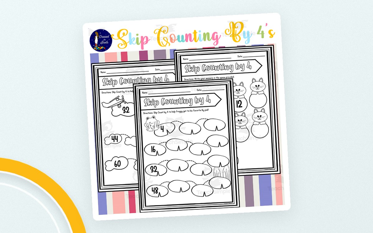 Skip Counting by 4’s cover displaying four sample number-path worksheets with frog and bunny illustrations